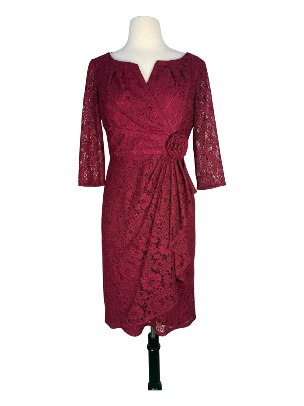 Adrianna Papell Burgundy Lace Sheath Dress V-Neck 3/4 Sleeve Autumn Wedding Sz 4